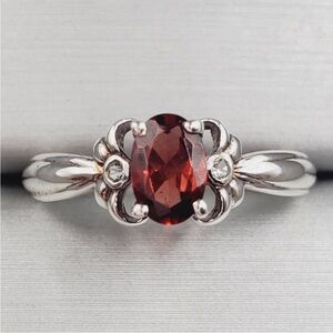 Genuine Oval Garnet & White Topaz 925 Sterling Silver Ring